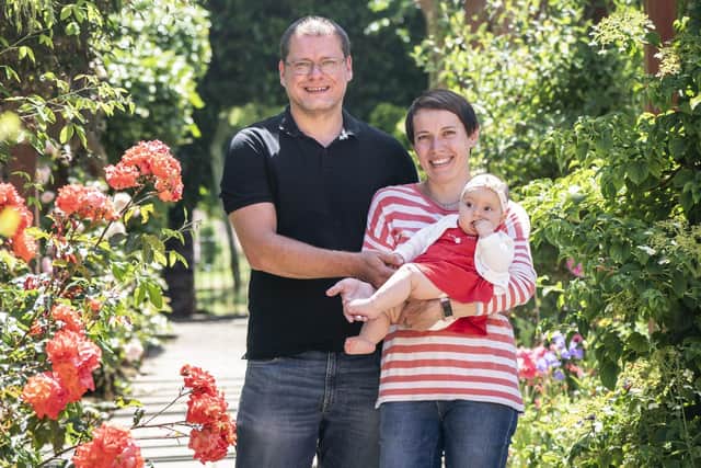 Ukrainian engineer Anton Ievsiushkin with his sister Anastasiia Ievsiushkin and her five-month-old baby (baby not named at mother's request) in Hillsborough Park, Sheffield, Yorkshire. Mr Ievsiushkin, who has helped dozens of refugees get to the UK after his own close family made it out of under-fire Mariupol and Kharkiv, says the system remains "shambolic" and is getting worse. Picture date: Monday June 20, 2022. PA Photo. See PA story POLITICS Mariupol. Photo credit should read: Danny Lawson/PA Wire 