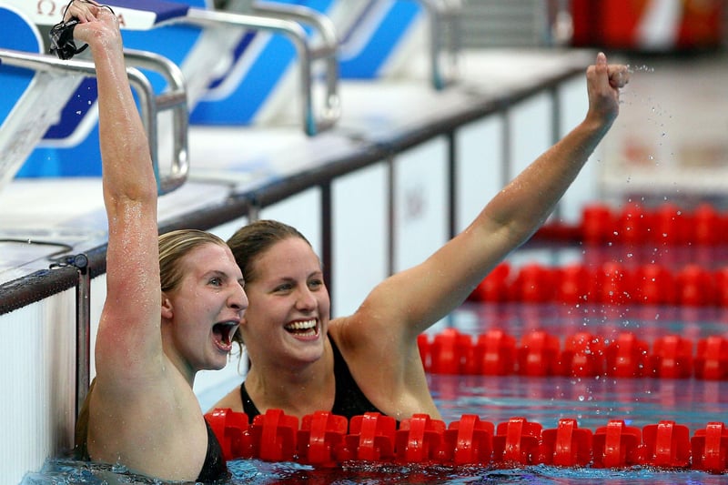 Rebecca Adlington celebrates winning the 400m Freestyle Final with third placed Joanne Jackson.