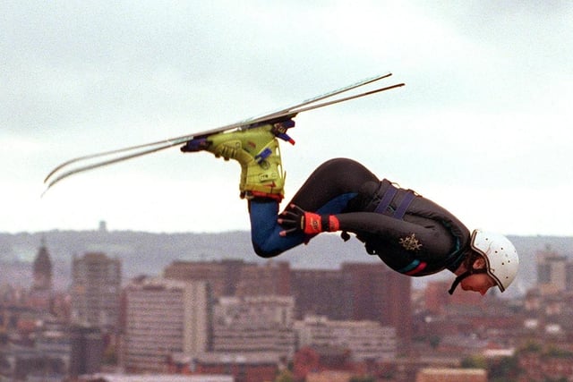 Olympic skier Jilly Curry  trying out the new £100,000 National Aerials Training Centre's ramp and pool at the Sheffield Ski Village, 1999