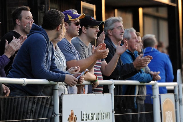 Worksop Town's fans celebrate going 2-0 up against Liversedge.