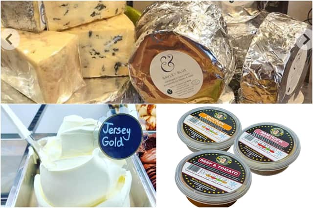 Cheese from Hartington Dairy, ice cream from Tagg Lane Dairy at Monyash and Granny Mary's potted meats which are made in Hasland.