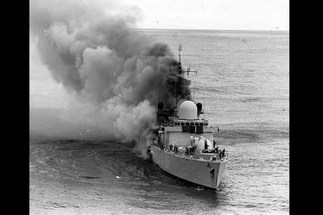 HMS Sheffield after being hit in the Falklands