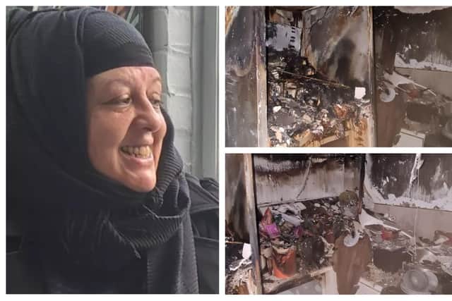 Karen Wilson, aka Aisha Special K, and the damage to her home in Burngreave, Sheffield, following a fire on Christmas Day
