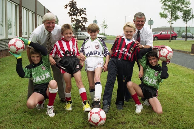 Budding football stars (left to right)  Alan Whittle, Gary Richardson, Kevin Fawcett, Scott Castlehow and Adam McBeth got to meet Roker favourites Jimmy Montgomery and George Herd after they won the chance to train with the Sunderland AFC heroes.