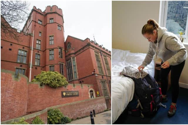 (Left) Sheffield University (Right) A student leaves their University accommodation by Hugh Hastings for Getty Images.