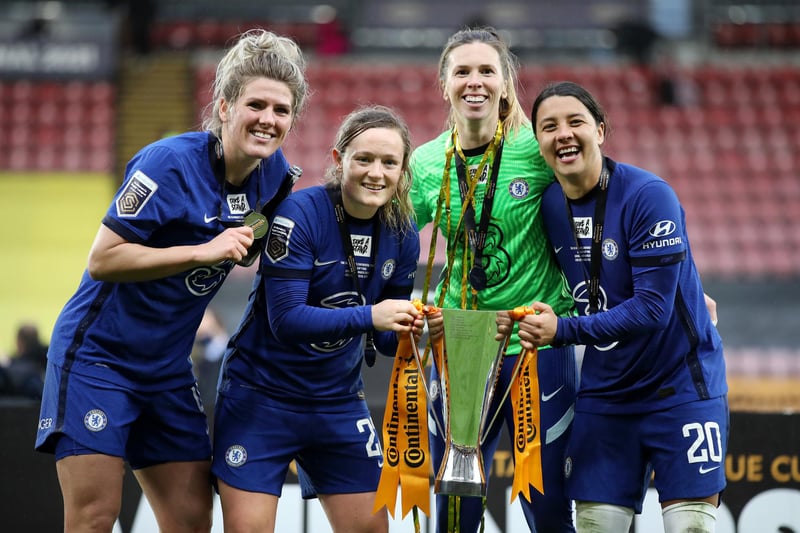 Millie Bright celebrates Chelsea's victory in the FA Women's Continental Tyres League Cup Final match over Bristol City on March 14, 2021.