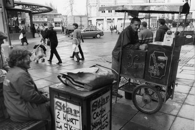 Newspaper and chestnut sellers in Fargate in November 1992.