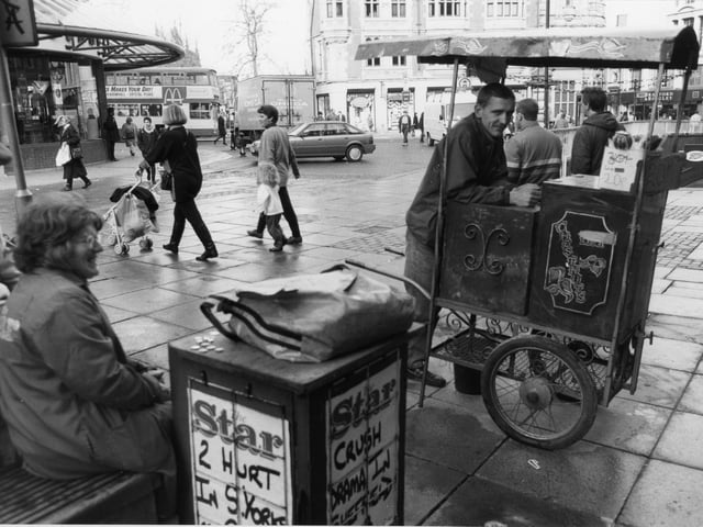 Newspaper and chestnut sellers in Fargate in November 1992.