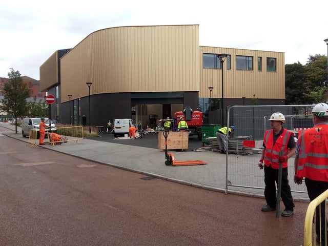 View of the under-construction Danum Gallery, Library and Museum, at Waterdale, showing the space that will house a steam locomotive on tracks