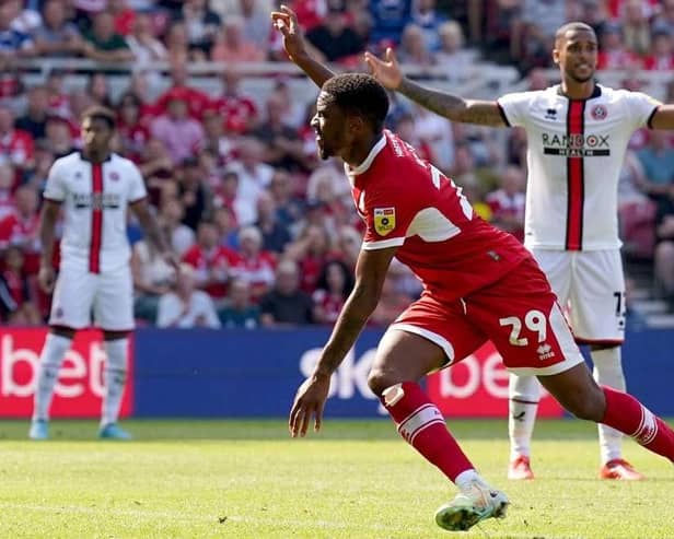 Middlesbrough striker Chuba Akpom, pictured scoring against Sheffield United last season. Picture: PA.