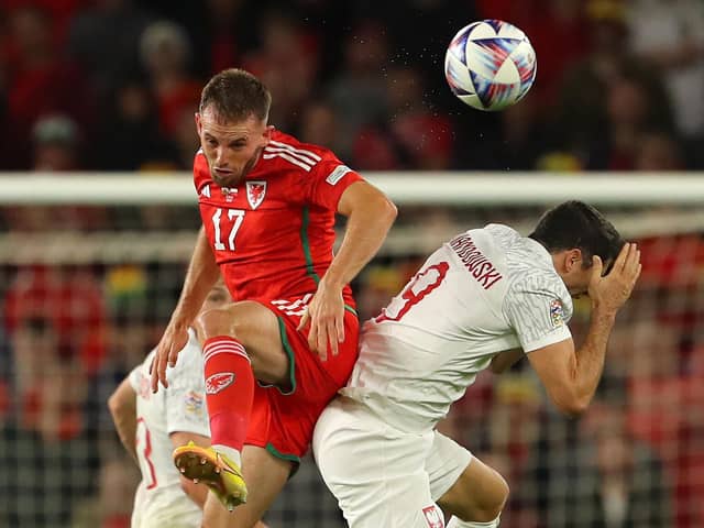Wales' defender Rhys Norrington-Davies (L) vies with Poland's striker Robert Lewandowski: GEOFF CADDICK/AFP via Getty Images