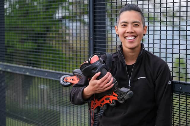 Frit Tam practices rollerblading in Bole Hill Park ahead of his challenge to raise LGBGT awareness.