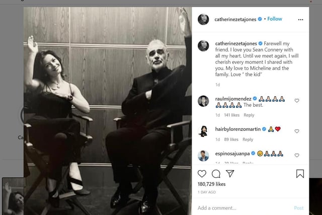 Catherine Zeta Jones - who starred with Sir Sean in  the 1999 hit, Entrapment - posted this to her Instagram page