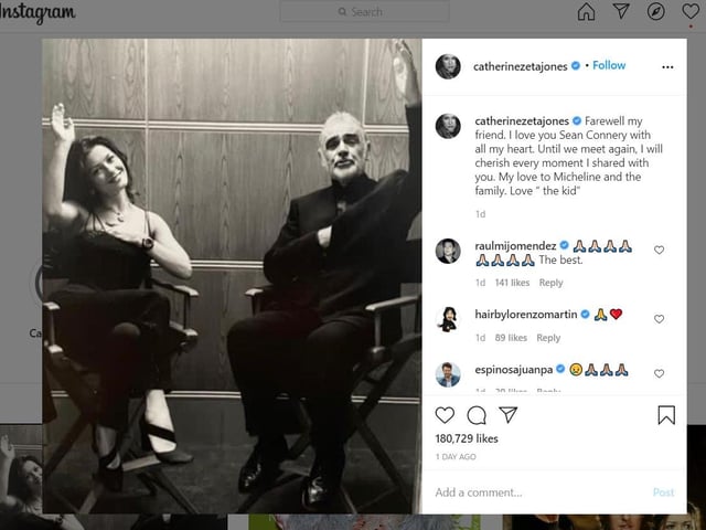 Catherine Zeta Jones - who starred with Sir Sean in  the 1999 hit, Entrapment - posted this to her Instagram page