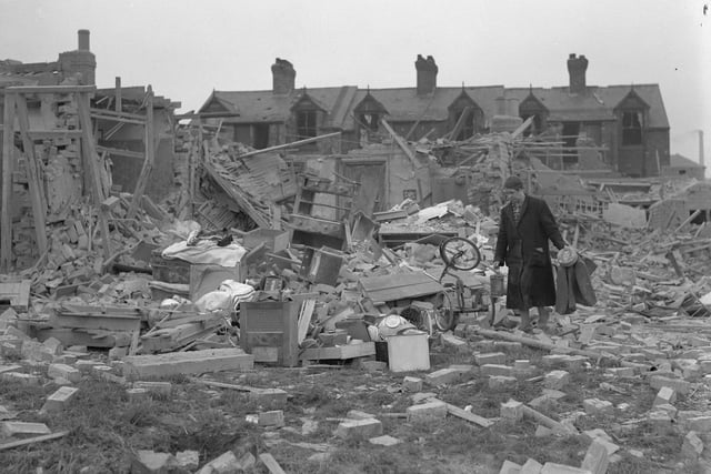 There was joy but there was sadness too. A housewife sorts through what was left of her belongings from the debris of what was once her home.
The photo appeared in the Sunderland Echo and Shipping Gazette on May 8, 1945.