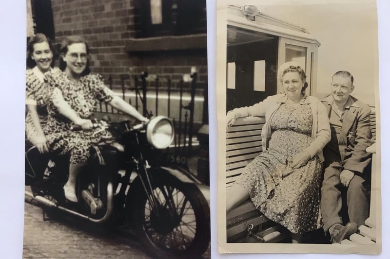 Left, Bill Betts' Nan and Aunty Dolly on his father's motorbike in James Street, Darnall in 1940. Right, Bill's Nan & Grandad in Torquay, 1949