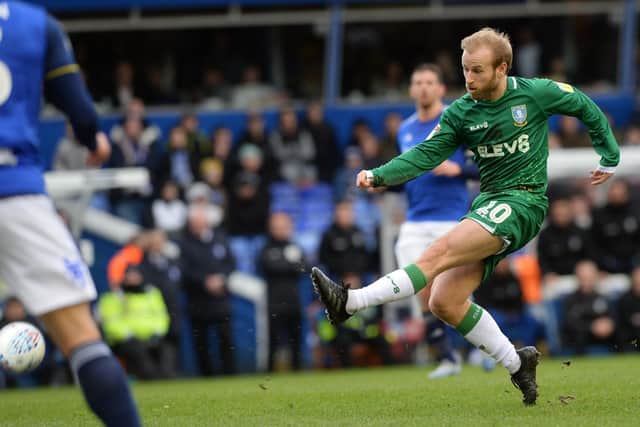 Barry Bannan hits home his goal for Sheffield Wednesday at Birmingham City. Pic Steve Ellis