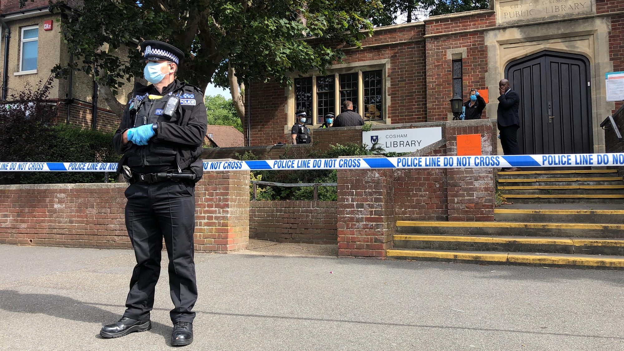 Police in Cosham after an area by the library was cordoned off this morning.