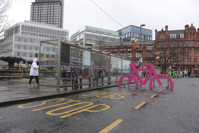 Pinstone Street offers cycling nirvana after a traffic ban but offers only on-street racks.