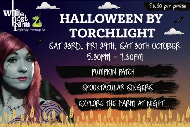 Enjoy the magic of Halloween by torchlight. 
A pumpkin for every child and a hot drink for mum and dad. 
Exclusive access to the farm after dark with all our friendly animals and a few special guests too. 
Don't forget your torch!
To book: https://whitepostfarm.digitickets.co.uk/event-tickets/31171?catID=36647