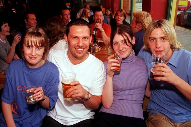 Pictured at the Cavendish Pub, West Street, Sheffield, where young people are seen enjoying a drink. Left to right are:  Lindsay Fisher, Sean Holden, Lindsey Hara, and Matthew Hounsley, September 1998