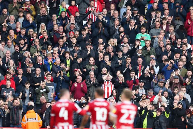Sheffield United players applaud their fans after the Sky Bet Championship win over Stoke City at Bramall Lane: Isaac Parkin/PA Wire.