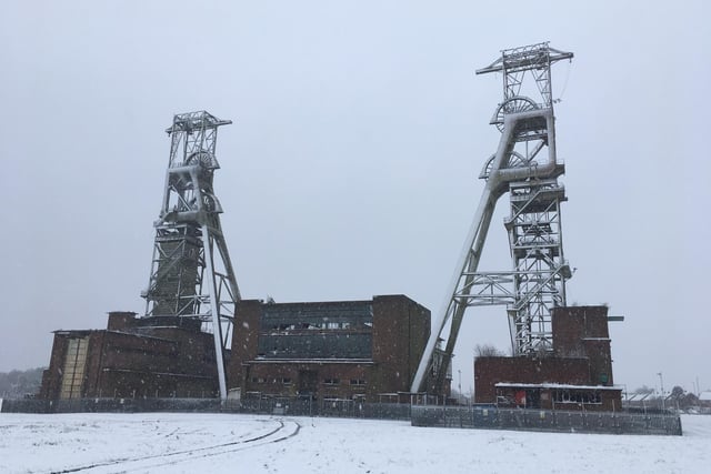 The old Clipstone colliery headstacks looking resplendent with a mantle of snow