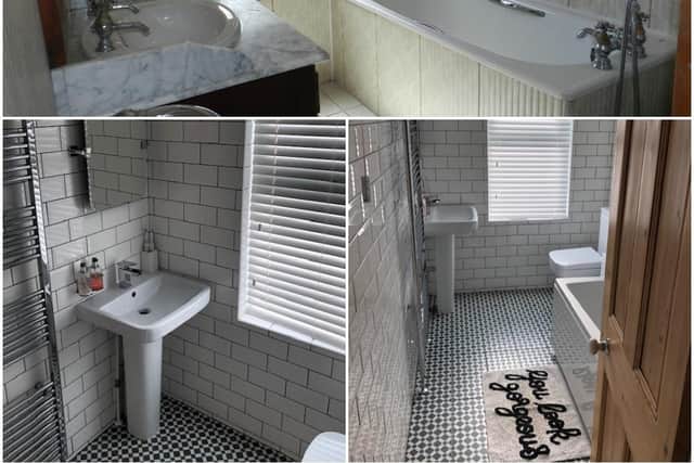 The master bathroom, before and after the renovation
