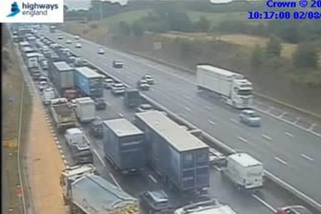 Traffic on the M1 southbound in South Yorkshire following a spillage between junctions 33 and 32 near Rotherham