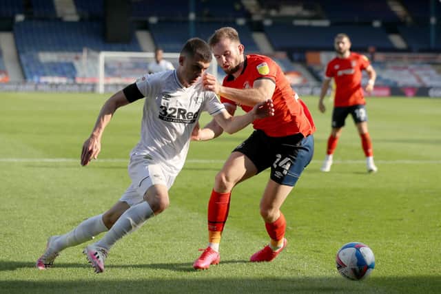 Rhys Norrington-Davies, in action during Luton Town's 2-1 win over Derby County at Kenilworth Road on Saturday, has made an impressive start to his season-long with the Hatters from Sheffield United. Photo: Bradley Collyer/PA Wire.