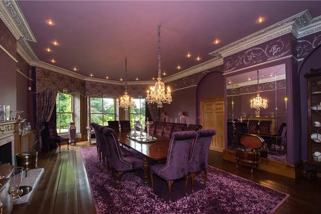 The elegant dining room has a sense of grandeur with its bold coloured walls, dark wooden flooring, low-hanging chandeliers and ornate fireplace.