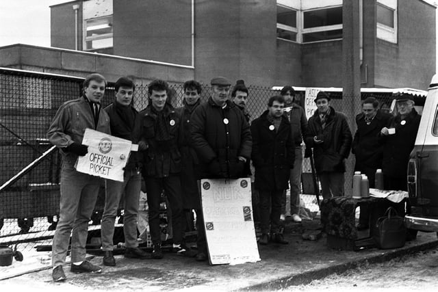 Pickets at the Tinsley Marshalling Yards during the rail strike in the 1980s