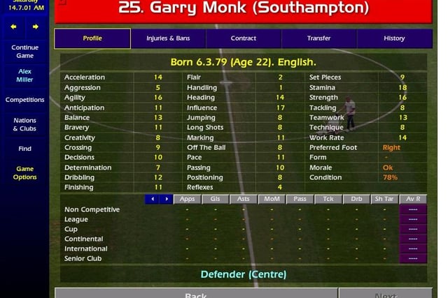 Here he is, the current Owls gaffer. At just 22 years old Garry Monk is a slip of a lad still making his way in the Southampton reserves back on CM01/02 and is usually available for loan pretty soon afterwards.