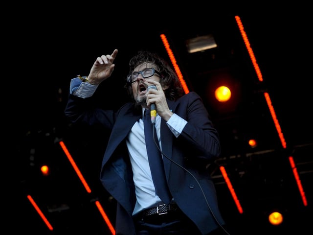 Jarvis Cocker of Pulp in action on the Park stage at Glastonbury 2011