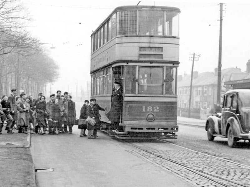 Tram no 182 at Meadowhead, Sheffield, in 1956, the year before that route stopped running