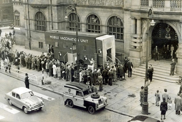 The long queue outside Sheffield Town Hall waiting for vaccination at the start of the Sheffield Poliomyelitis campaign, May 1, 1961