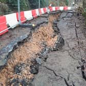 A Derbyshire Dales road has been closed by highways chiefs after being hit by two huge landslips. Image: Derbyshire County Council.