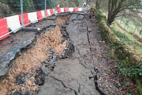 A Derbyshire Dales road has been closed by highways chiefs after being hit by two huge landslips. Image: Derbyshire County Council.