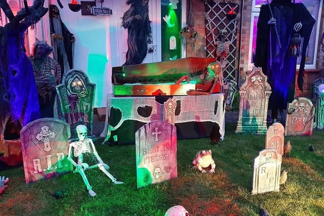 The Walker family at Tuxford Avenue at Meden Vale make their display bigger and better each year.
The theme this year is a monks visual display on screens which was filmed at Rufford Abbey and the Barristers Book Chambers at Retford. 
They have their usual graveyard, zombies, ghosts and pirate displays.