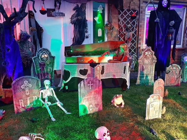 The Walker family at Tuxford Avenue at Meden Vale make their display bigger and better each year.
The theme this year is a monks visual display on screens which was filmed at Rufford Abbey and the Barristers Book Chambers at Retford.
They have their usual graveyard, zombies, ghosts and pirate displays.