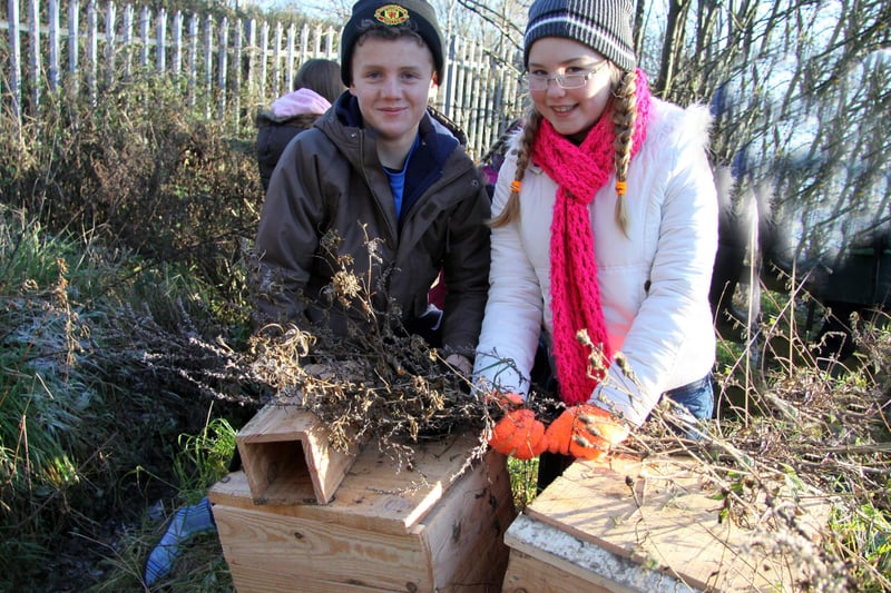 Adam Rogers and Charlotte Boden build a house for a hedgehog at Grassmoor School in 2010.