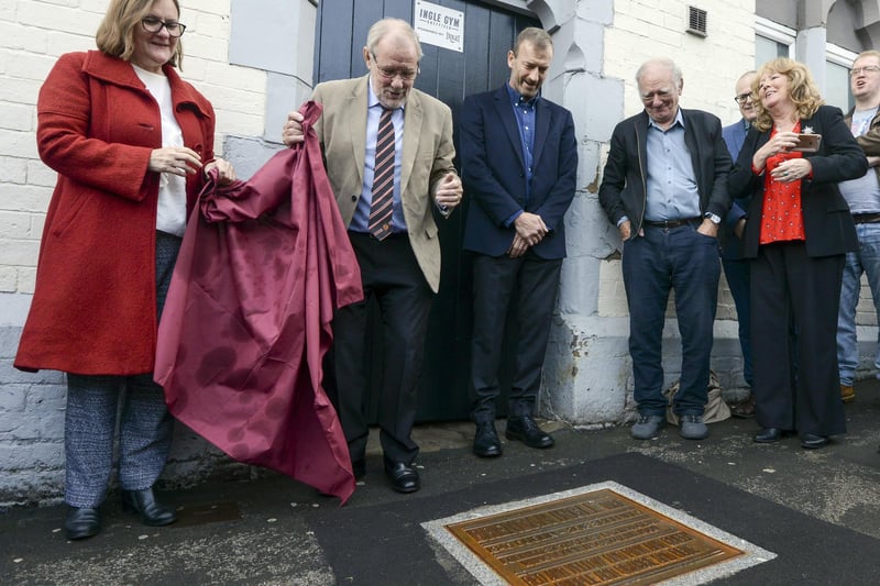 Former sports minister Richard Caborn helping to unveil a plaque to Brendan Ingle outside the his gym in Wincobank
