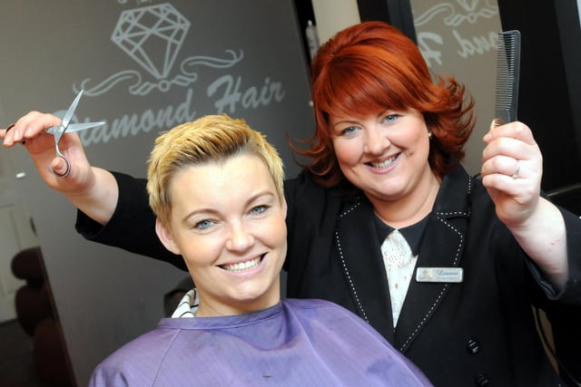 In South Shields. Diamond Hair salon's Leanne Brown cuts Lisa Brash hair in aid of charity. Remember this from 2013?