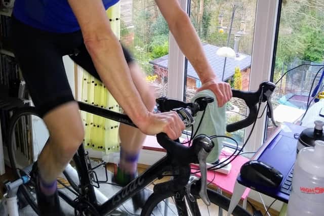 Richard Walker has linked his bike up to a turbo trainer and a program which tells him the distance he's covered.