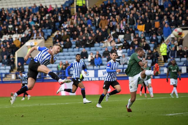 Sheffield Wednesday's Lewis Wing had a late chace to break the deadlock against Plymouth Argyle but shot over   Pic Steve Ellis