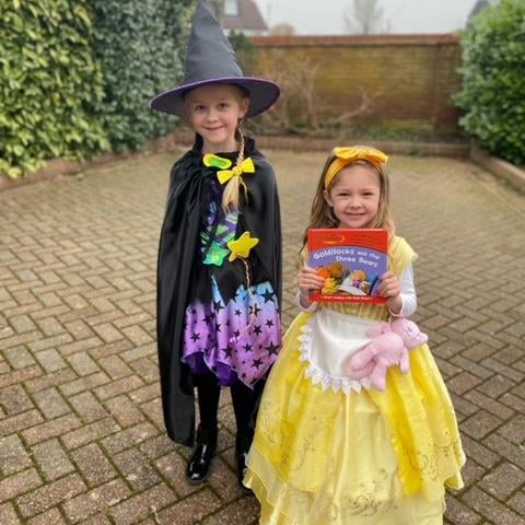 Maisie (age 6) as the Witch from Room on the Broom and Maddison (age 4) as Goldilocks, both from Rowlands Castle, for World Book Day.