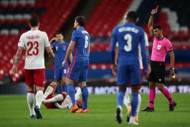 Maguire was sent off in England's last clash with Denmark, capping a "nightmare" start to the new season (Photo by Nick Potts - Pool/Getty Images)