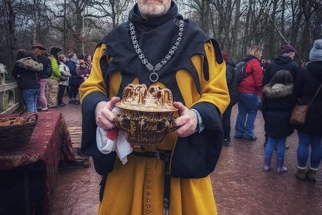 The Sheriff of Nottingham (Richard Townsley) leads the wassailing and blesses the trees at the Spirits of the Forest and wassailing weekend held at Sherwood Forest.