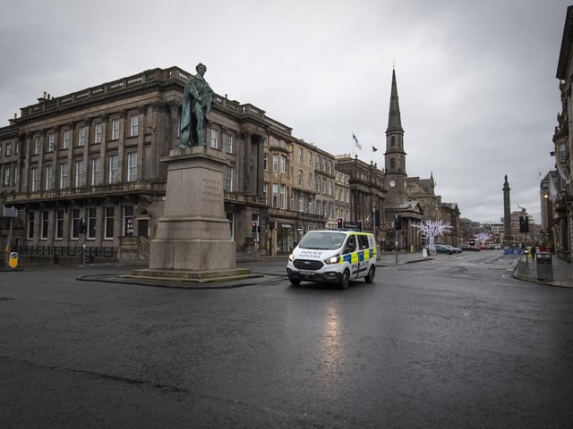 Police patrol Edinburgh city centre, where Covid-19 restrictions have been increased for three weeks from today in response to a new strain of the virus. Chief Constable Iain Livingstone has stated that the number of police patrolling the border with England will be doubled in order to deter people crossing during the festive period.
