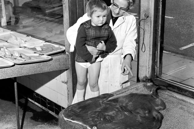 Elizabeth Methven lifts up a young customer to show her a torpedo fish which was landed at Granton in 1965.
